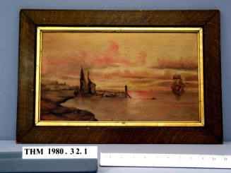 Painting of harbor scene, with frame