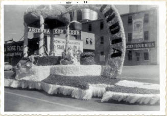 Parade float on Mill Avenue, India theme, Arizona State College Homecoming 1956