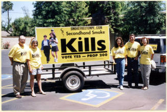 Trailer Mobile Prop 200 Sign with Don Morris, Ann Robb, the Holzapfels and Pat Morris.