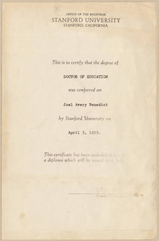 Doctor of Education Certificate, Stanford University, Joel Avery Benedict
