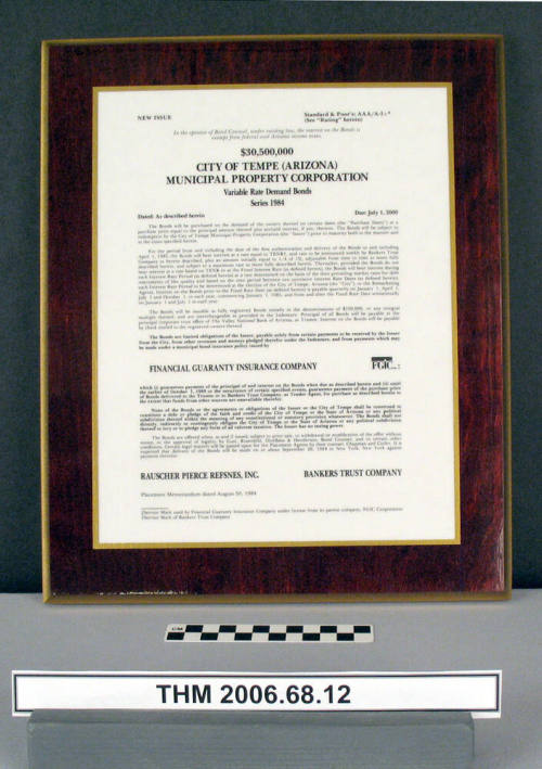 $30,500,000 City of Tempe Municipal Property Corporation Variable Rate Demand Bonds 1985 Announcement Plaque.