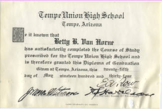 Tempe Union High School 1934, Diploma for Betty B. Van Horne