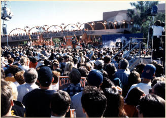 Photo of President Clinton Speaking at 1996 Presidential Campaign Visit Ouside of Gammage Auditorium.