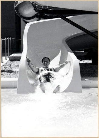 Photo of Mayor Giuliano on water slide, Escalante Community Center Dedication.