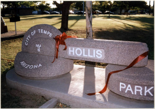 Color photograph of stone Hollis Park sign at park dedication