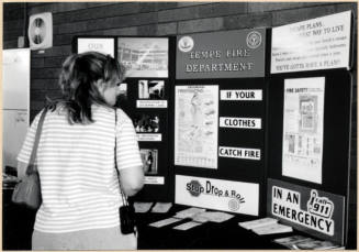 Black and white photograph of Tempe Fire Department exhibit at Fire Prevention Day.