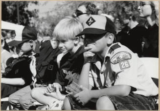 Black and white photograph of Boy Scouts watching Apache Blvd. Fire Station dedication