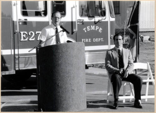 Black and white photograph of Cliff Jones and Niel Giulino at Fire Station ground breaking