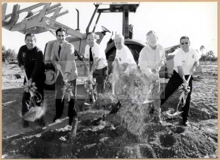 Black and white photograph of fire station groundbreaking with Niel Giuliano and others