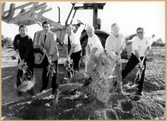 Black and white photograph of fire station groundbreaking with Niel Giuliano and others