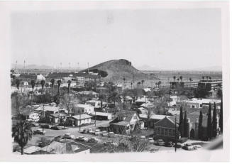 Photograph, residential neighborhood with Tempe Butte and Sun Devil Stadium
