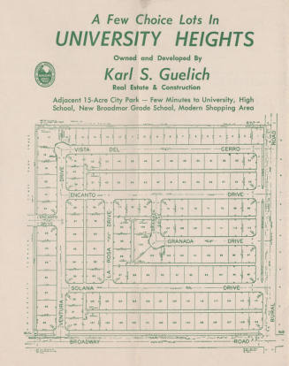 Advertisement for the subdivisions of Broadmor Vista, Broadmor Estates, and University Heights