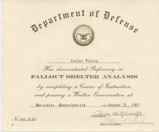 Luther Finley's Department of Defense Fallout Shelter Analysis Course Completion Certificate, 1965