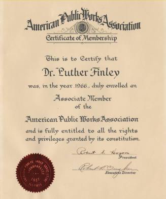 Luther Finley's American Public Works Association Membership Certificate