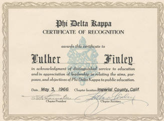 Luther Finley's Phi Delta Kappa Certificate for Education Service