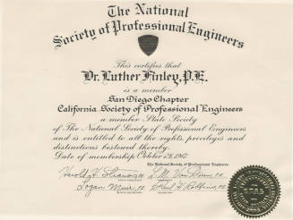 Dr. Luther Finley's Membership Certificate in the National Society of Professional Engineers, San Diego Chapter, California Society