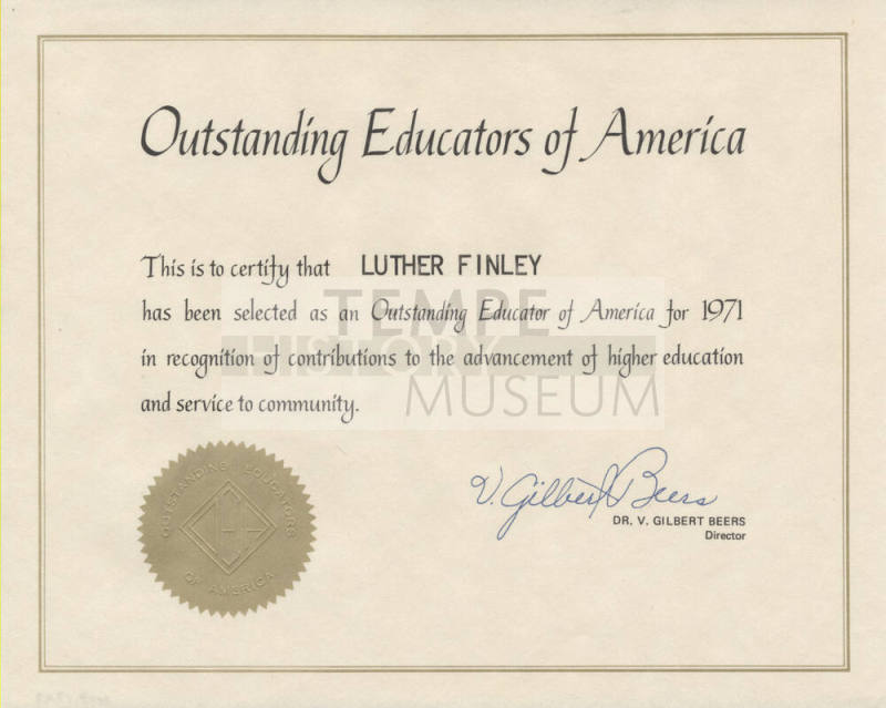 Luther Finley's Certificate of Membership in Outstanding Educators of America, 1971