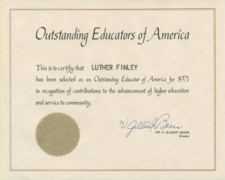 Luther Finley's Certificate of Membership in Outstanding Educators of America, 1971