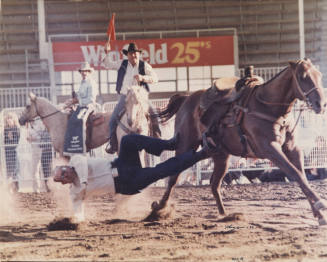 Color Rodeo Photo of Luther Finley in the 1980s, falling off a horse.