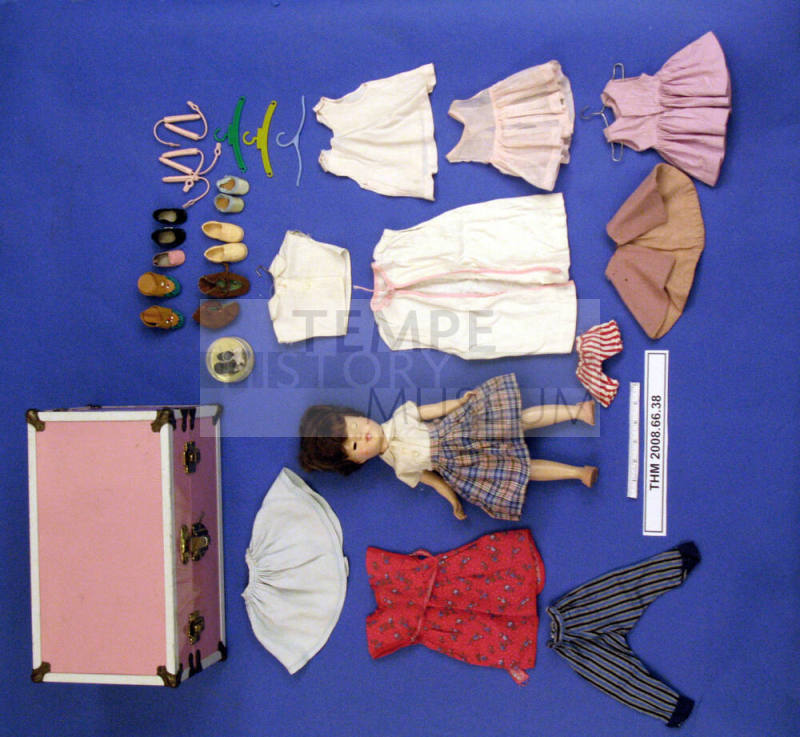 1950s 16" Doll in Pink Trunk with Clothes