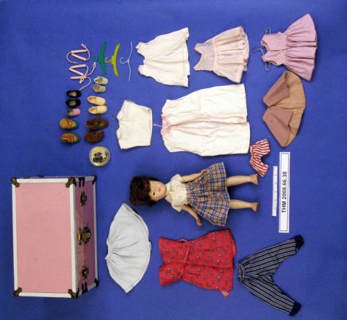 1950s 16" Doll in Pink Trunk with Clothes