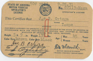 Arizona Driver's License for Joe B. Ortega, 1931