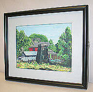 Framed opaque watercolor called "The Pump House" by donor