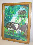 Framed opaque watercolor by donor of wash day scene