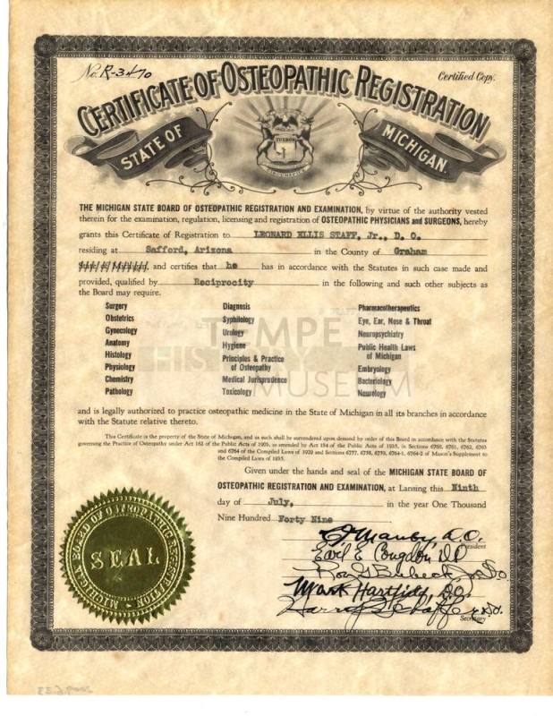 Certificate of Osteopathic Registration from State of Michigan to Arizona for Leonard Staff, Jr.