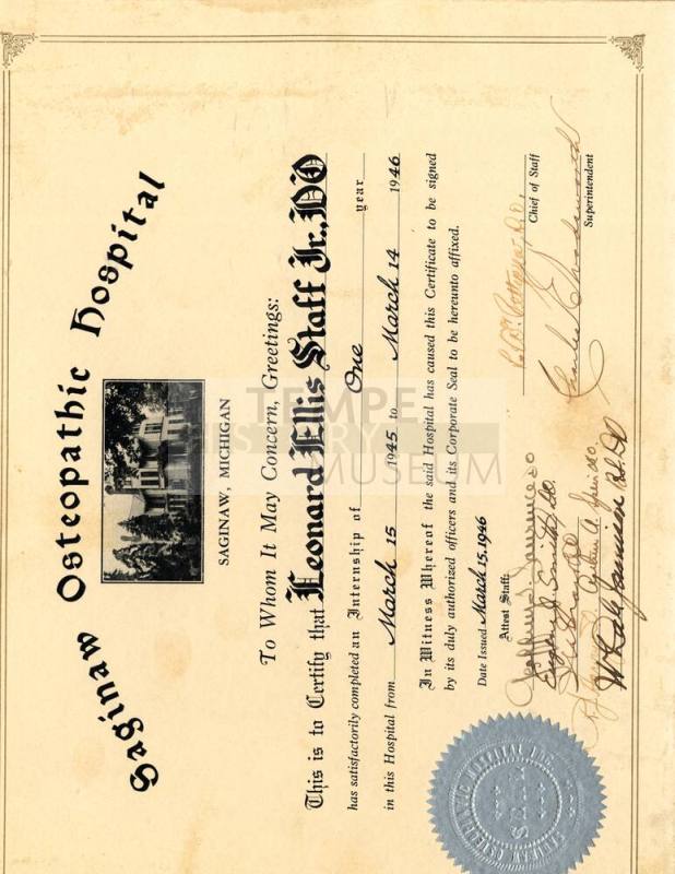 Saginaw Osteopathic Hospital One Year Internship Certificate, 1946