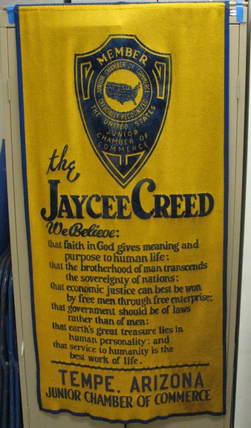 Large felt banner with Jaycee Creed, blue and gold