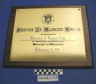 Sertoma "Service to Mankind" Award Plaque to Gov. J. Howard Pyle