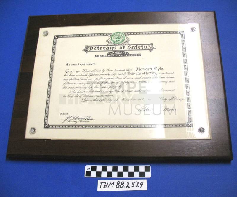Veterans of Safety Honorary Member Certificate to Howard Pyle
