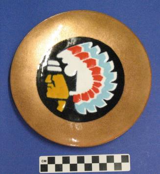 Indian head plate - copper, turquoise, white, red feathers