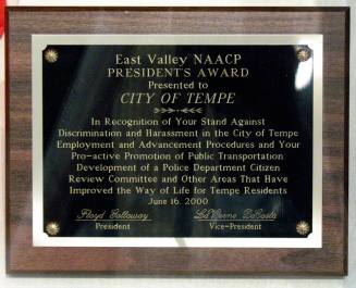 East Valley NAACP President's Award to Tempe Plaque 2000