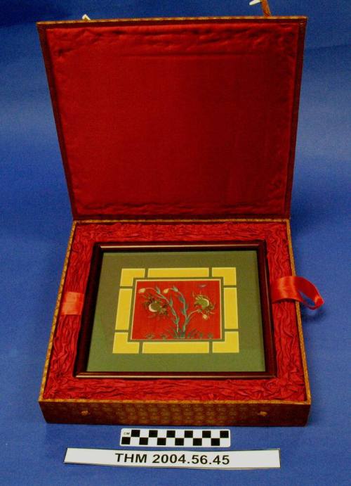Cinese Embroidery on silk, matted, framed in ornate box