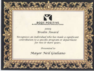 Body Positive HIV/AIDS research center 2003 brodin award to Neil Giuliano