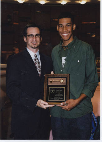 Photograph of National Youth of the Year, Boys and Girls Club, 2002, Mayor Giuliano presents to Donald Smith.