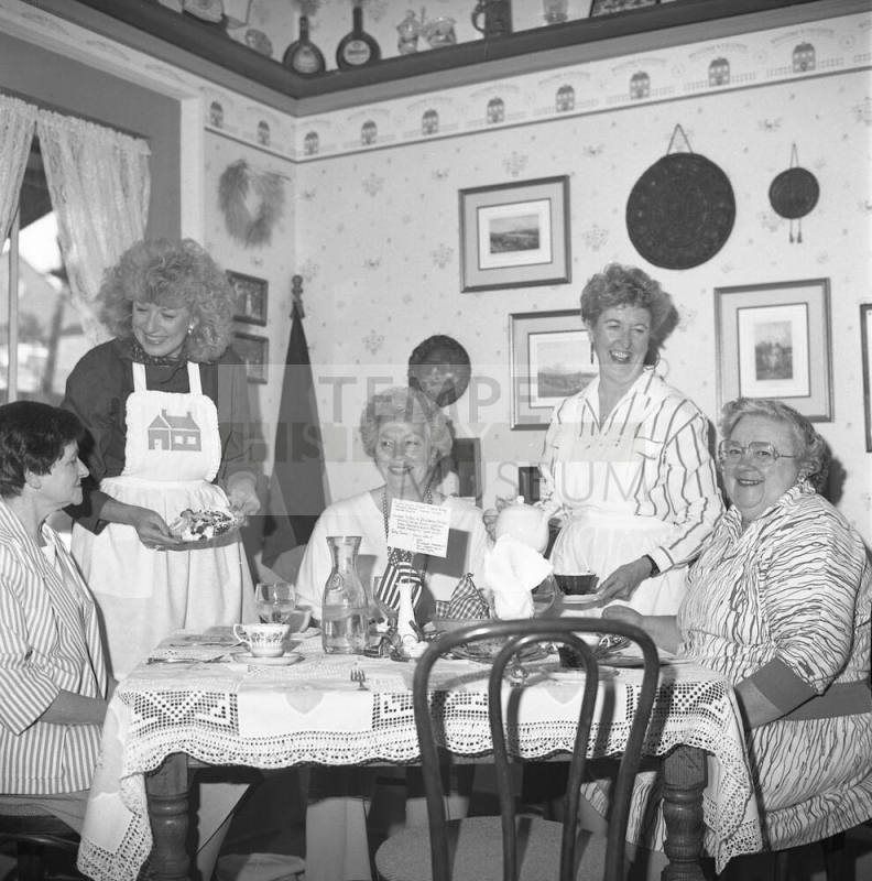 Hackett House Tea- Presidents' Day Tea with Mrs. William Johnson, Alicia Merriam, Mrs. Jack Flanagan, Mrs. Ralph Adoleh, and Virginia Cresswell