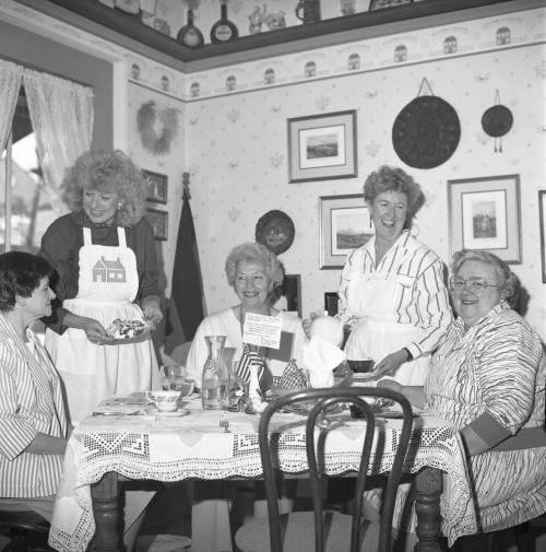 Hackett House Tea- Presidents' Day Tea with Mrs. William Johnson, Alicia Merriam, Mrs. Jack Flanagan, Mrs. Ralph Adoleh, and Virginia Cresswell