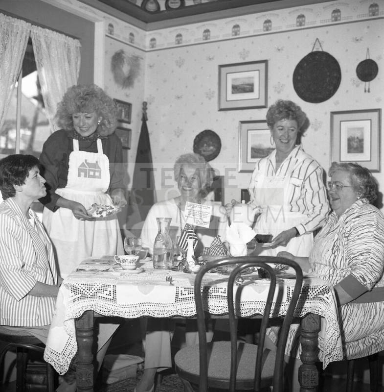 Hackett House Tea- Presidents' Day Tea with Mrs. William Johnson, Alicia Merriam, Mrs. Jack Flanagan, Mrs. Ralph Adoleh, and Virginia Cresswell (some members from sister cities)