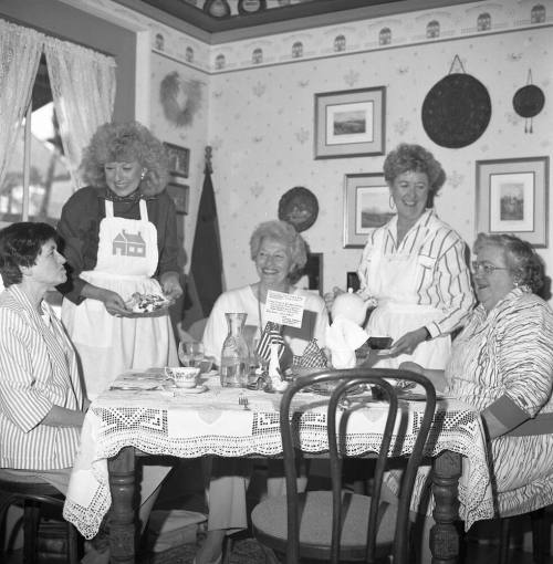 Hackett House Tea- Presidents' Day Tea with Mrs. William Johnson, Alicia Merriam, Mrs. Jack Flanagan, Mrs. Ralph Adoleh, and Virginia Cresswell (some members from sister cities)