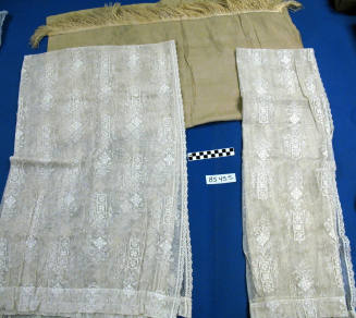 Two white lace blankets and a Tan Flat Sheet with Fringe