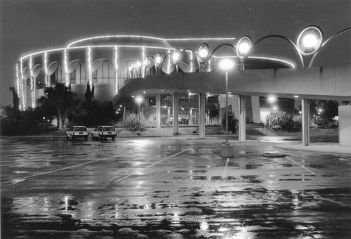 Gammage Auditorium at night after a rain