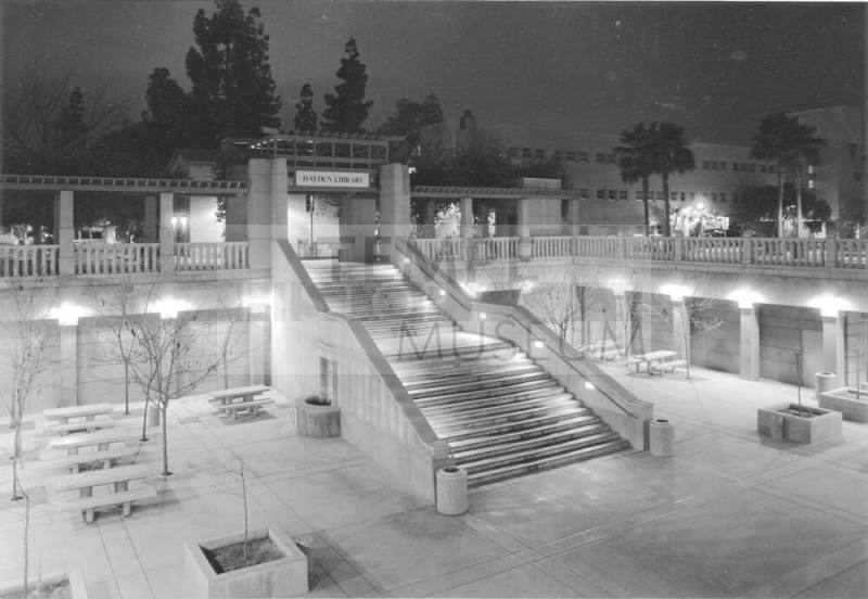 Hayden Library at night