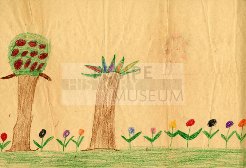 Crayon drawing of trees and flowers