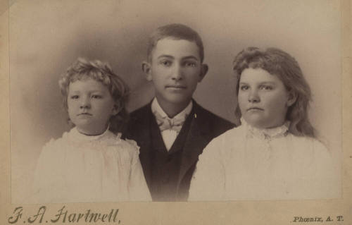 Hayden children, pictured from left to right: Sarah (Sallie), Carl, and Mary (Mapes) Hayden 1891