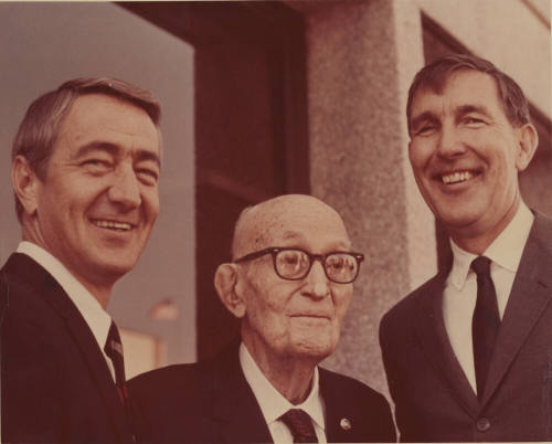 Carl Hayden photographed with Stewart Udall and unidentified individual