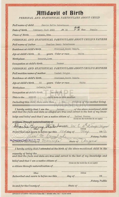 Jessie Belle Waterhouse Fisk Birth Certificate