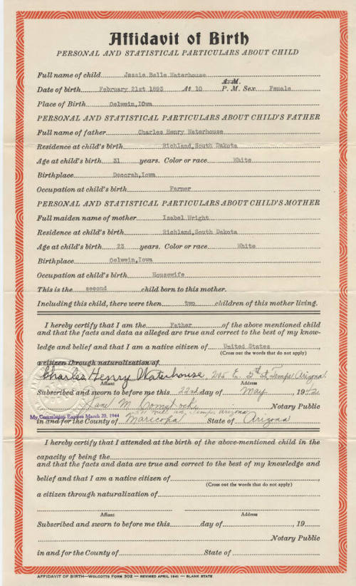 Jessie Belle Waterhouse Fisk Birth Certificate
